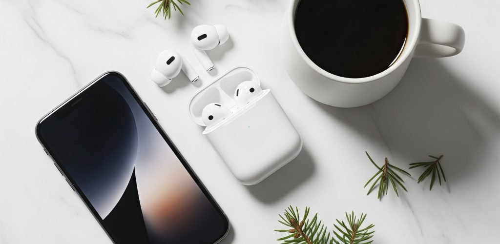 Cozy Winter Morning Tech Flat Lay with Coffee and Earbuds on Marble