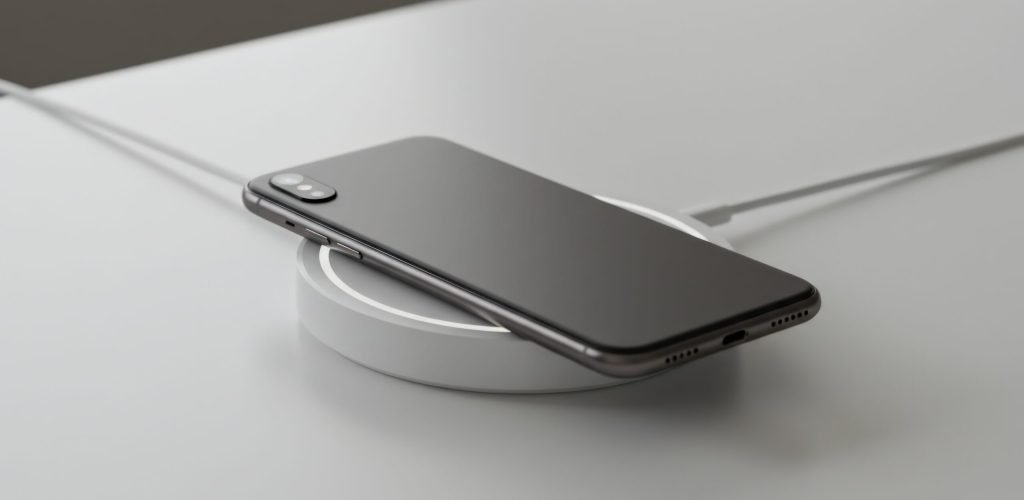 A smartphone rests on a circular, wireless charging pad against a clean, neutral background. The device features a sleek, minimalist design with a flat screen and metallic frame. The charging pad emits a soft light, suggesting an active charge. The composition is clean and well-lit, creating a modern aesthetic. Suitable for illustrating technology, convenience, and the future of wireless charging in commercial contexts. It could be used to promote innovation, modern devices, or efficient solutions.